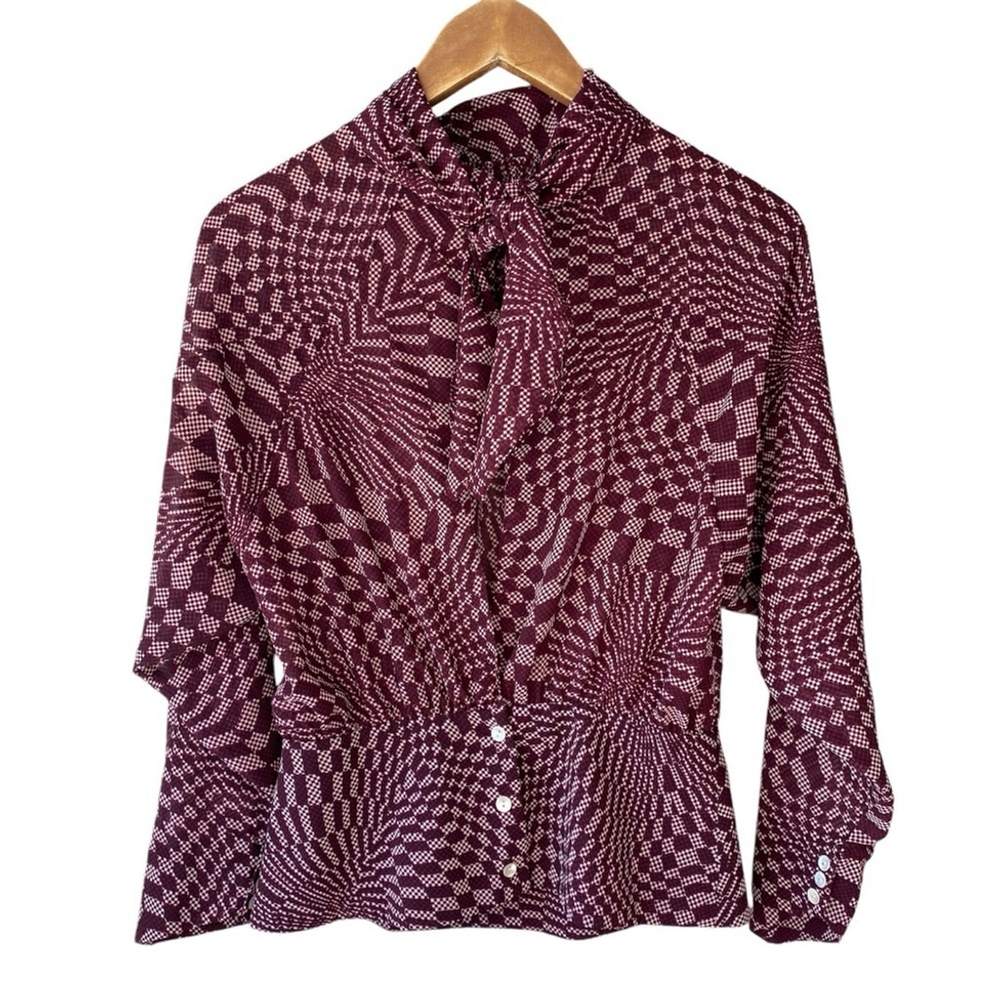 Topshop Mock Neck Blouse Burgundy Geometric Sheer Size 4